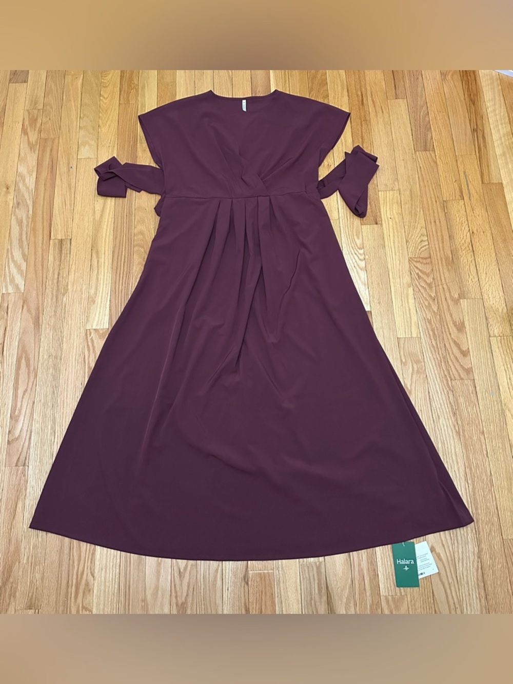 HALARA Burgundy Maxi Dress with Waist Pleats and Tie Sleeves